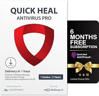 Quick Heal Antivirus Pro | Windows PC/Laptop | 1 User, 3 Year | AI-Based Virus Protection | Email Delivery in 1 hr |+ 6 month AntiFraud.AI for IOS/Android